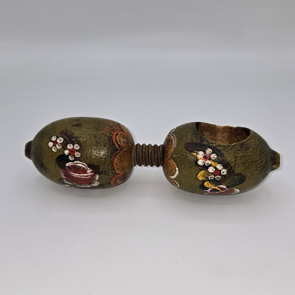 Vintage‎ Hand Painted Wood Screw Nutcracker Folk Art Floral Green 5.5 Inch